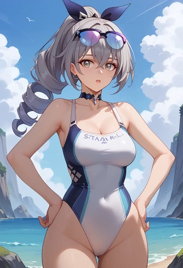 star rail,silver wolf,retro style swimsuit,frilled neckline,bow detail  - AI generated anime art